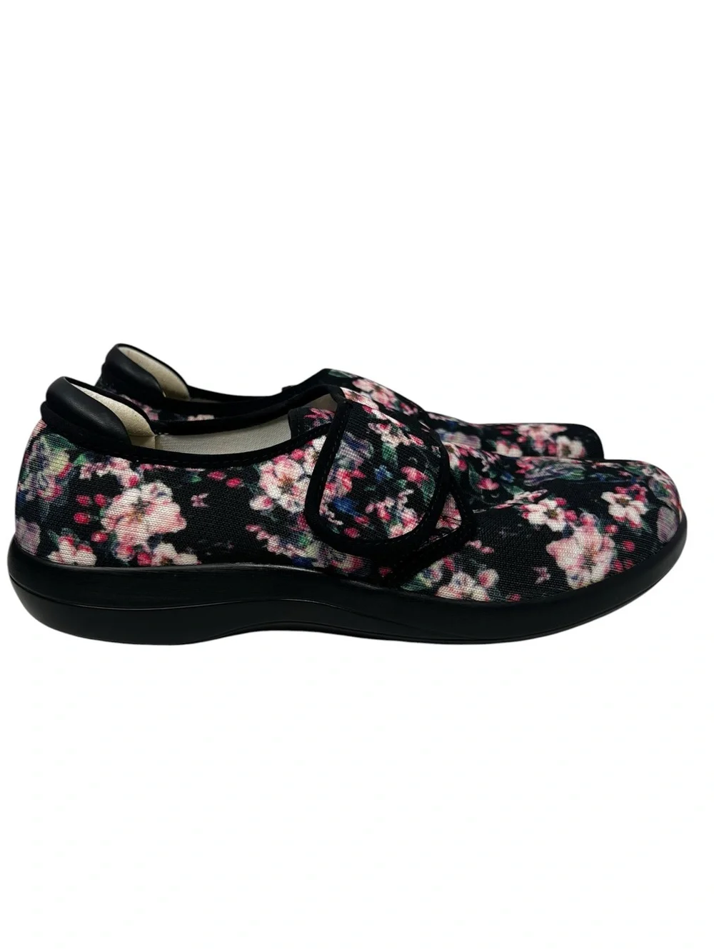 Alegria Floral Mary Jane Flats in Black with Pink Accents